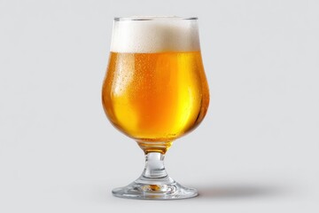 A tulipshaped glass filled with yellow beer topped with foamy head set against a light gray background