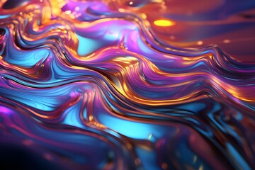 Vibrant neon chrome liquid waves with iridescent reflections create a futuristic cosmic metallic abstract background ideal for sci-fi, cyberpunk and tech designs.