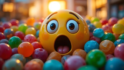 Surprised yellow emoji face surrounded by colorful gumballs displays cartoonish expression.