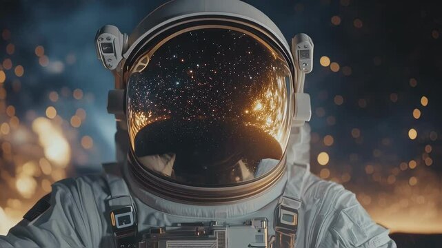 Starry galaxy and luminous nebulae reflecting within astronaut's helmet during weightless spacewalk, revealing cosmic beauty and scientific exploration of deep space