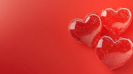 Fototapeta premium Three translucent red hearts on a red background.