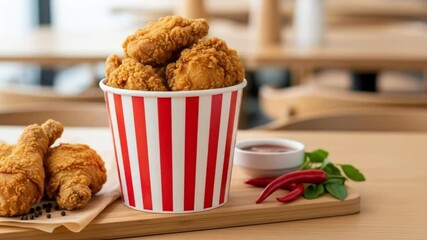 4k video of crispy fried chicken in bucket delicious meal on wooden table, perfect for fast food and buffet restaurant promotion