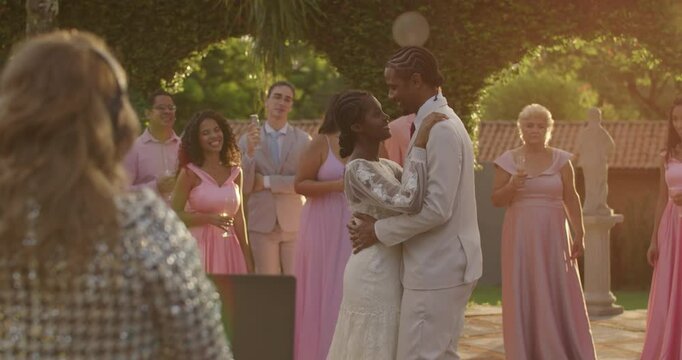 Happy couple dancing romantically at their wedding