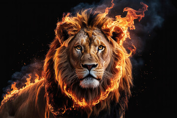 Naklejka premium A digital art portrait of a majestic lion with flames emanating from its mane against a dark background. 