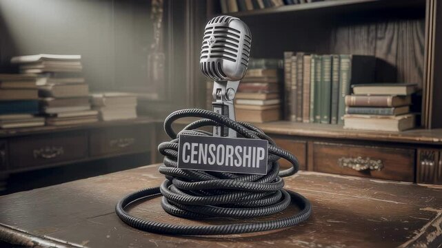 Censorship concept depicted by a vintage microphone wrapped with cable and a censorship label, placed on a wooden table in a library setting, symbolizing the suppression of free speech