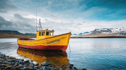 Fototapeta premium A weathered yellow and red fishing boat rests on a tranquil lake shore.