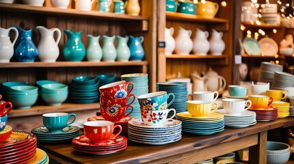 Bright and colorful display of ceramic cups, plates, and dishware in a cozy shop with wooden shelves, showcasing handcrafted pottery in a cheerful and welcoming atmosphere

