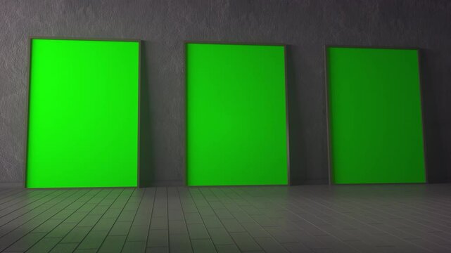 Three Vertical Green Screen Posters on Dark Wall in Minimalist Interior