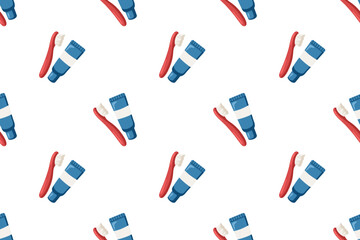 Seamless pattern with red toothbrush and toothpaste tube. Vector isolated background in cartoon style