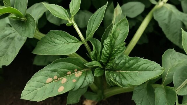 Close-up of broad bean plant foliage showing rust infection, small circular patches on green leaves, cultivated agricultural crop