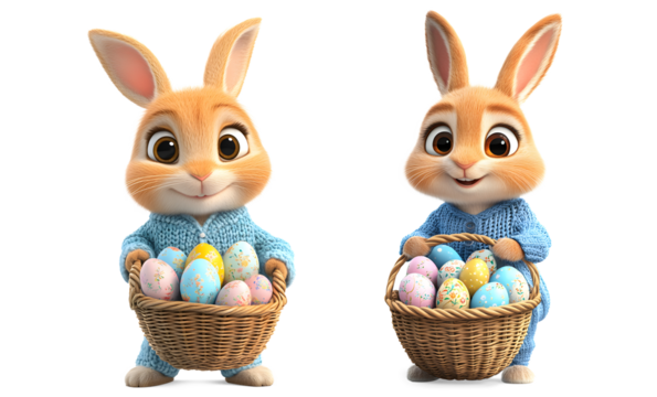 Two adorable easter bunnies holding baskets full of decorated eggs isolated on transparent background - Powered by Adobe