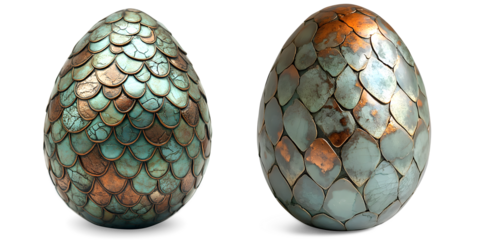 Two dragon eggs with bronze and copper scales isolated on transparent background