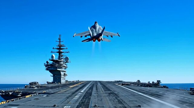 Military Fighter Jet Takes Off from Naval Aircraft Carrier