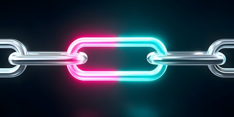 Obraz premium A modern digital chain link illuminated with vibrant neon colors. The striking contrast of pink and blue highlights the concept of connectivity and innovation in technology.