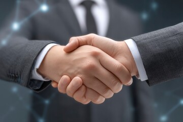 Two business people clasp hands in a handshake wearing suits and ties
