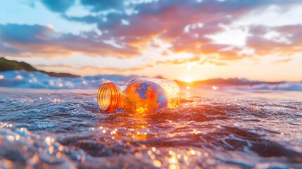A plastic bottle floats on a vibrant ocean surface at sunset, reflecting warm hues. This image highlights the environmental impact of waste in natural habitats.