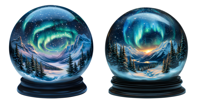 Snow globes featuring aurora borealis over snowy mountains isolated on transparent background - Powered by Adobe