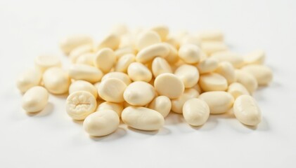 Close-up of spilled white beans against white backdrop, plant-based, harvest, pure white