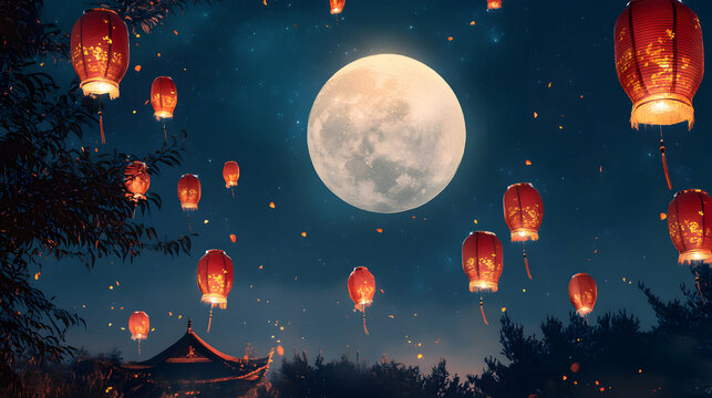 Festive Mid-Autumn Festival celebration illuminated by full moon and red lanterns