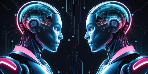 Futuristic humanoid robot with advanced artificial intelligence and cybernetic enhancements, featuring metallic design and digital interface in a high-tech sci-fi environment

