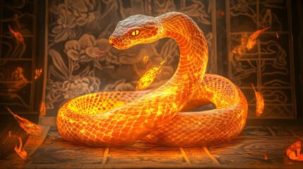 Fototapeta premium Fiery serpent: A captivating image of an orange snake with flames in a fantasy setting