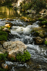 Natural stream water flows over large rocks Fonts de l'Algar, Costa Blanca, Spain. Suitable for nature, environment, or relaxation themes.
