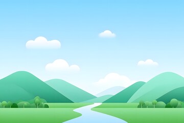 A serene landscape featuring rolling green hills, a tranquil river flowing through the valley, and a clear blue sky dotted with soft clouds, perfect for nature and relaxation theme