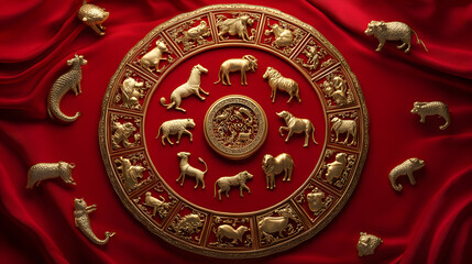 Golden Chinese zodiac animals on red silk, symbols of the lunar calendar