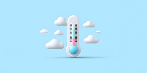 A vibrant digital illustration of a thermometer encircled by soft clouds on a soothing blue background, symbolizing climate change and temperature awareness in environmental themes