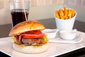 Beef burger with French fries
