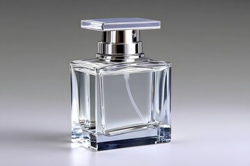 Elegant glass perfume bottle with a sleek silver cap. This stylish container is perfect for capturing the essence of fragrance and adds sophistication to any vanity.