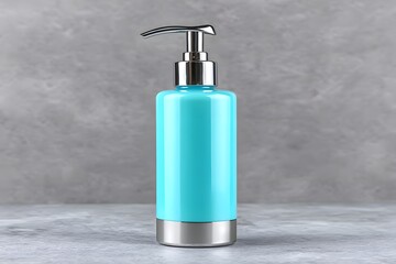Obraz premium A sleek turquoise pump bottle stands on a textured gray background, ideal for showcasing skincare, beauty products, or liquids. Its modern design complements minimalist aesthetics.