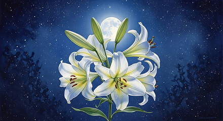 Moonlight Lilies: Floral Serenity in the Night
