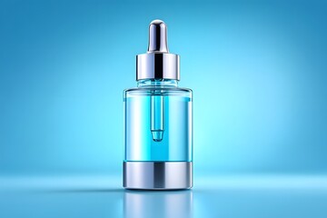A sleek dropper bottle filled with vibrant blue liquid stands against a soft gradient background, emphasizing the essence of beauty and wellness in modern skincare.