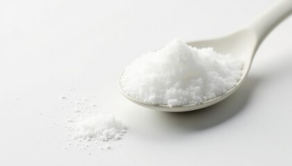 Spoonful of white sugar against white backdrop, beet sugar, sweetener, table sugar