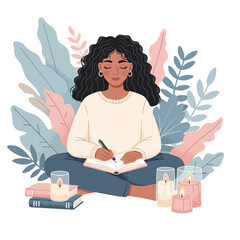 Woman Relaxing and Journaling with Candles and Plants – Pastel Vector Scene

