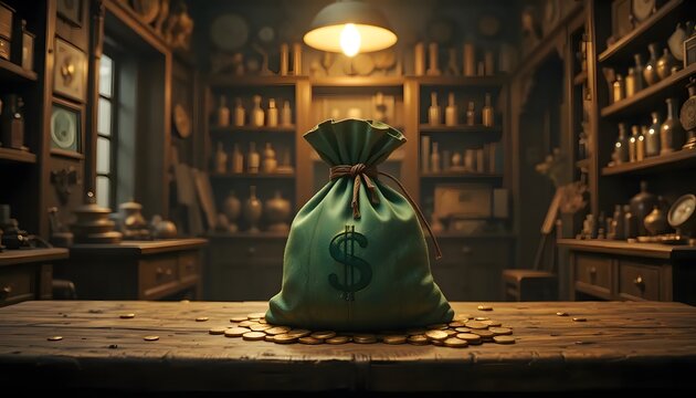 A canvas money sack with dollar sign sits on a coin-scattered table in a rustic setting, illuminated