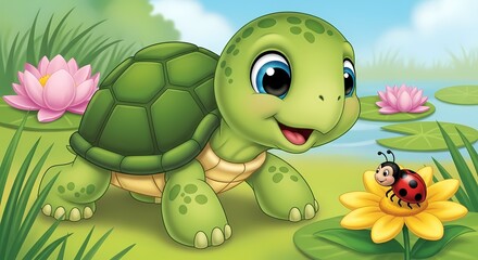 Cartoon Turtle Looking at a Ladybug