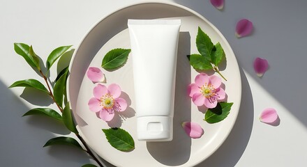 White Tube of Moisturizer Natural Skincare Product Mockup with Pink Flowers and Green Leaves
