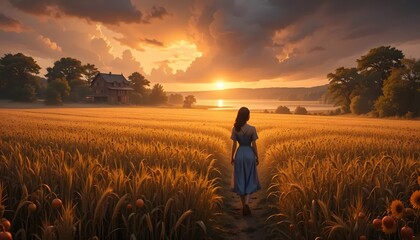 Fototapeta premium A woman walks through a golden wheat field toward a distant house during a radiant sunset scenery.