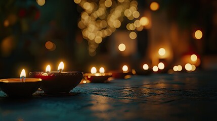 Warm evening light illuminates flickering candles.