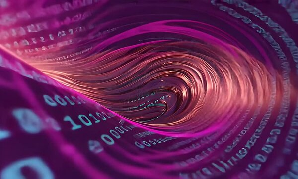 Abstract Digital Wave With Binary Code Flowing Across a Modern Futuristic Design in Shades of Pink and Purple