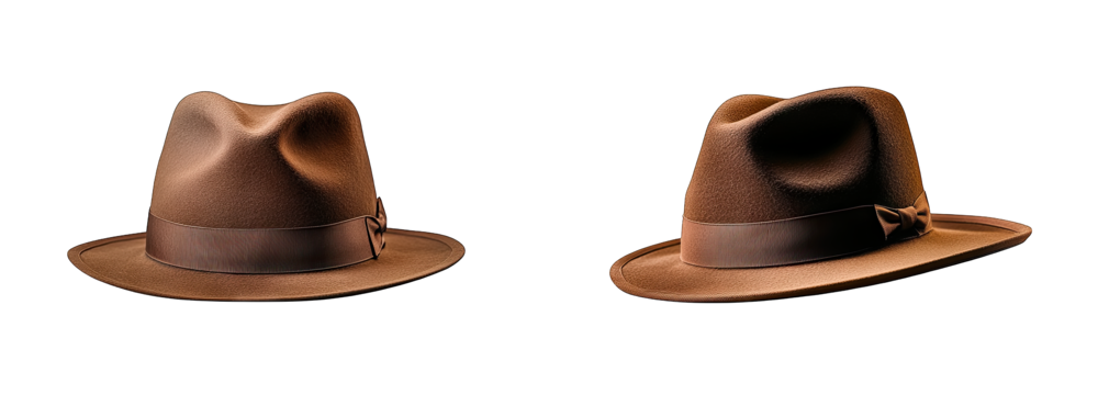 Two Brown Fedora Hats With A Ribbon Band One Is Sitting Flat The Other Is Tilted - Powered by Adobe