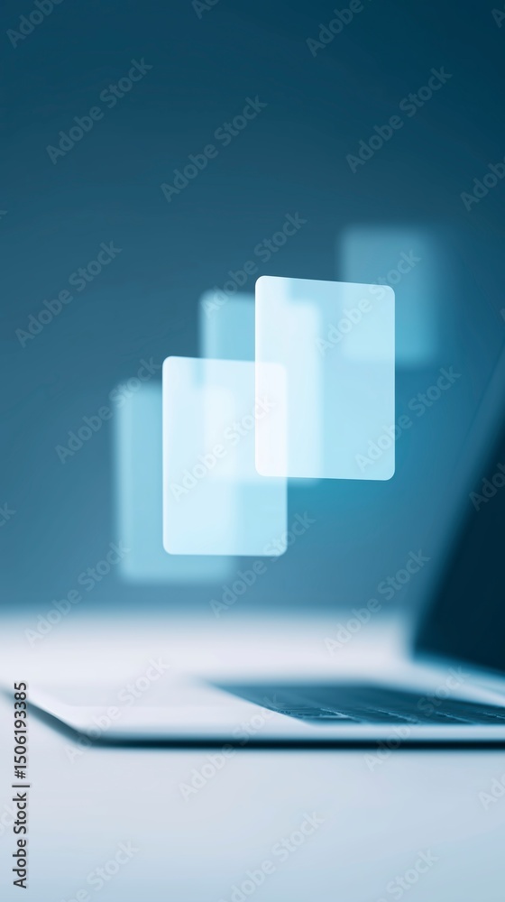 Fototapete Abstract digital mock up of floating transparent screens above a laptop with a blurred background creating a modern tech atmosphere for design projects