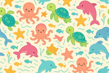 Colorful marine life pattern featuring playful dolphins, turtles, and octopuses in a whimsical underwater design