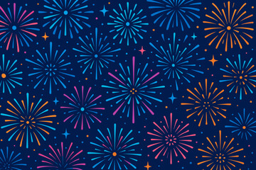 Colorful fireworks bursting in a night sky with a dark blue background and vibrant patterns