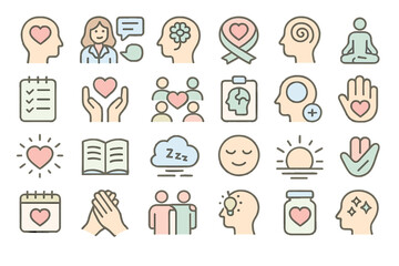 Mental health awareness icons representing various aspects of wellbeing and support in a colorful and engaging layout