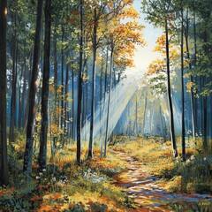 Obraz premium Sunlight streams through a vibrant forest path