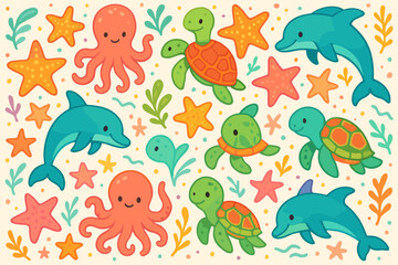Naklejka premium Colorful illustration of marine life featuring dolphins, turtles, octopus, and starfish in a vibrant underwater setting