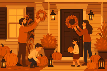 Family decorates home for autumn with pumpkins and wreaths in a cozy neighborhood setting during the fall season